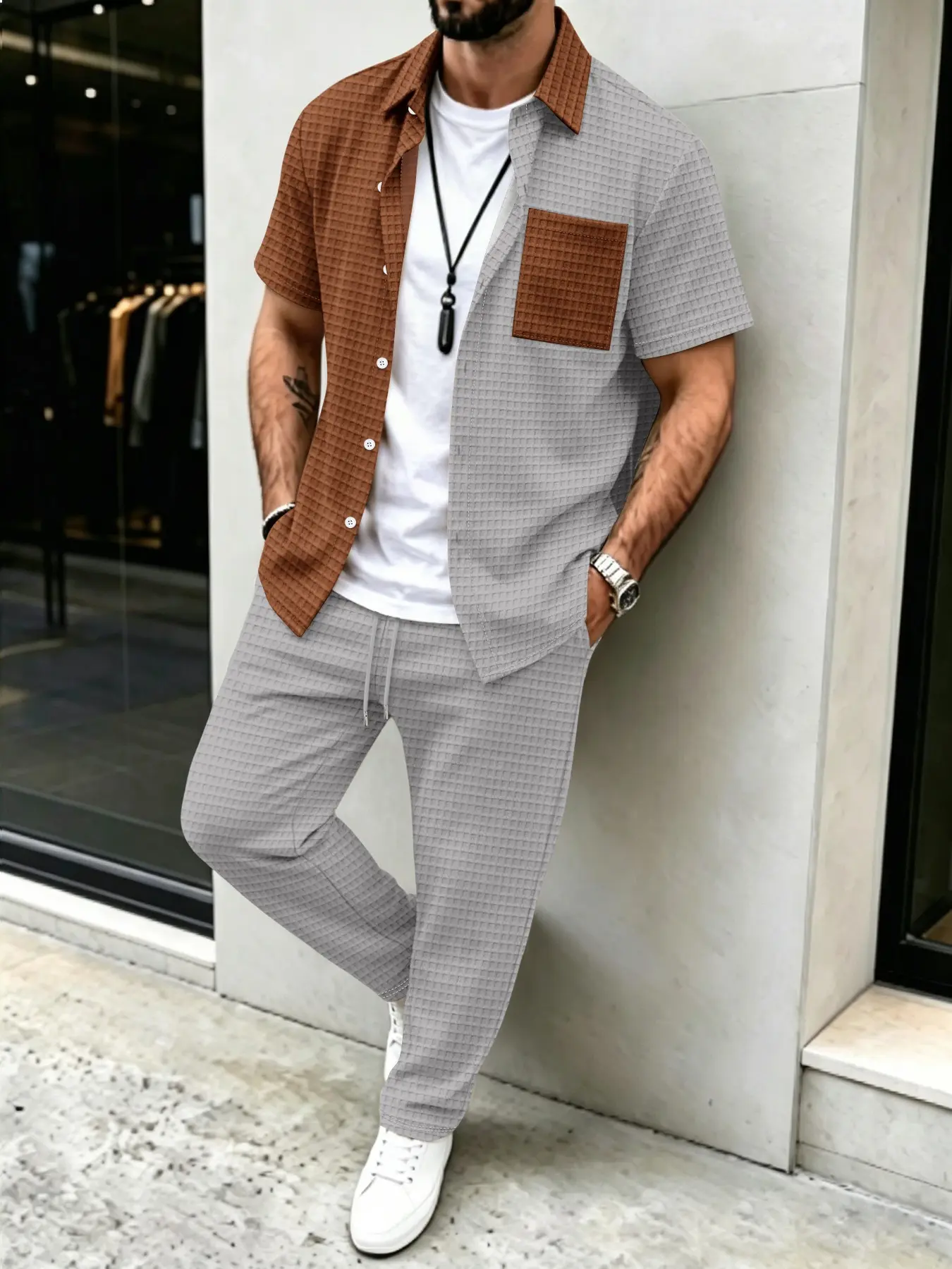 Mens Fashion Clothes - Мужской комплект: рубашка с вафельным узором